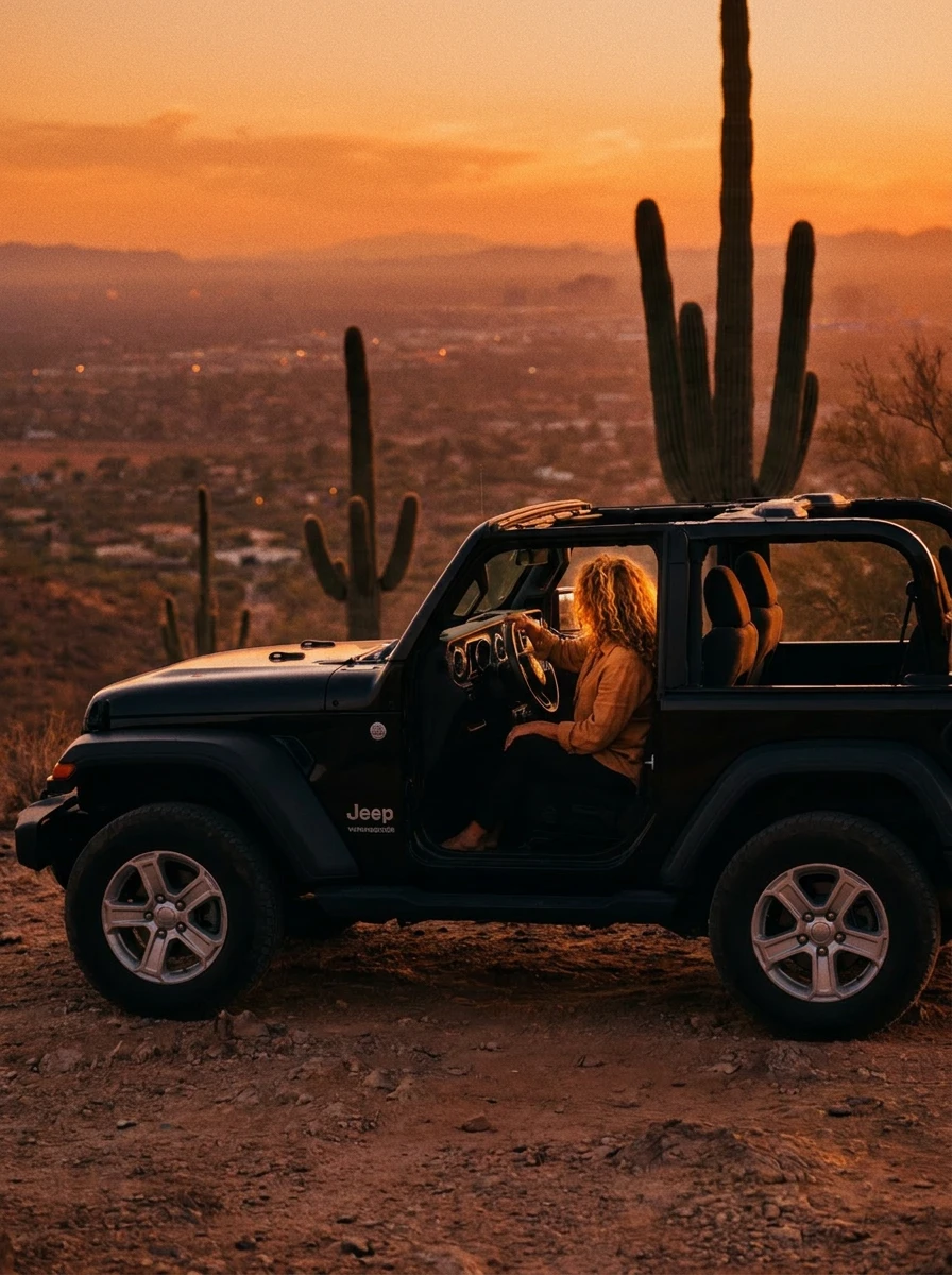Kari Hughes in her Jeep at Arizona sunset