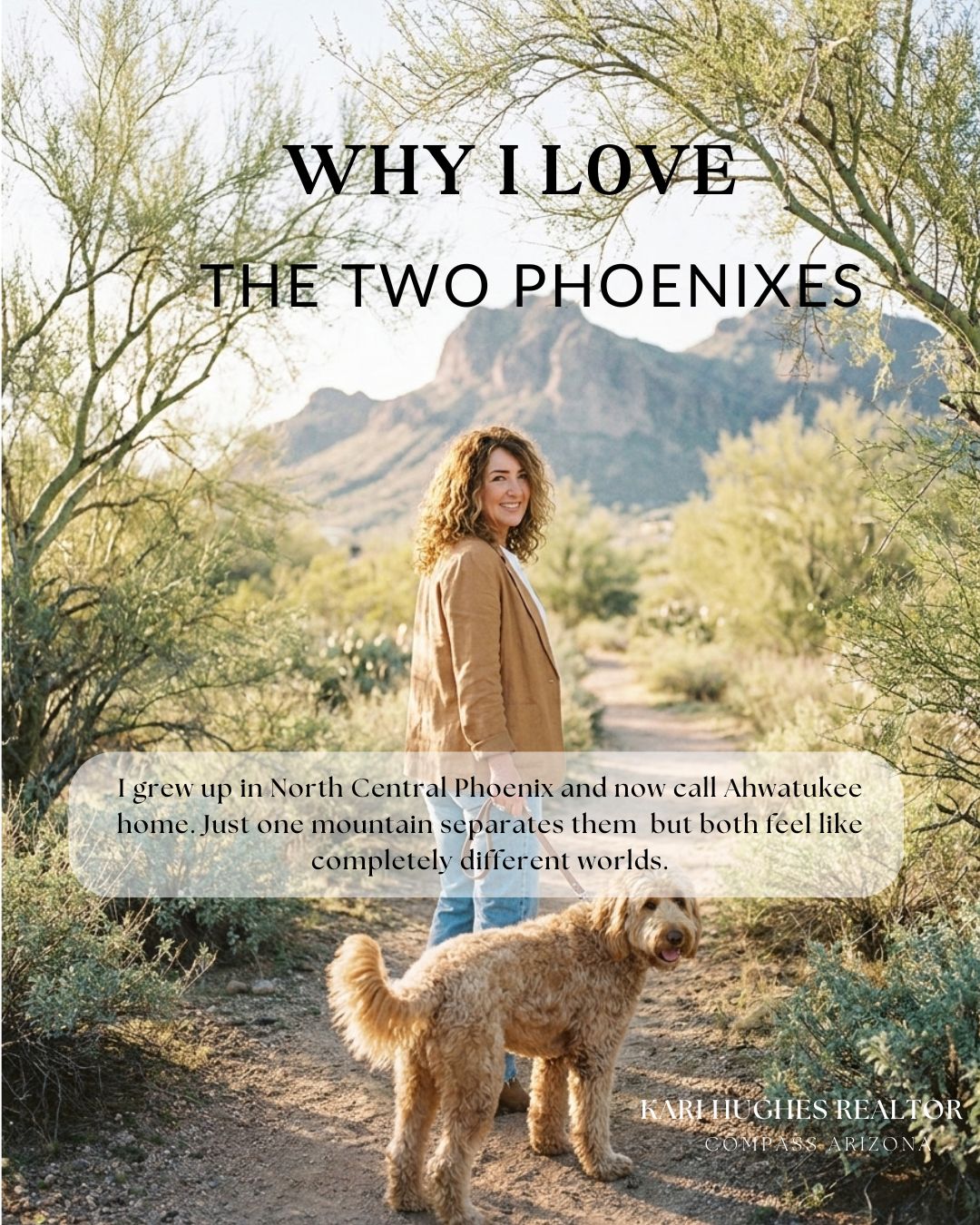 Kari Hughes with her dog on a desert trail, Arizona