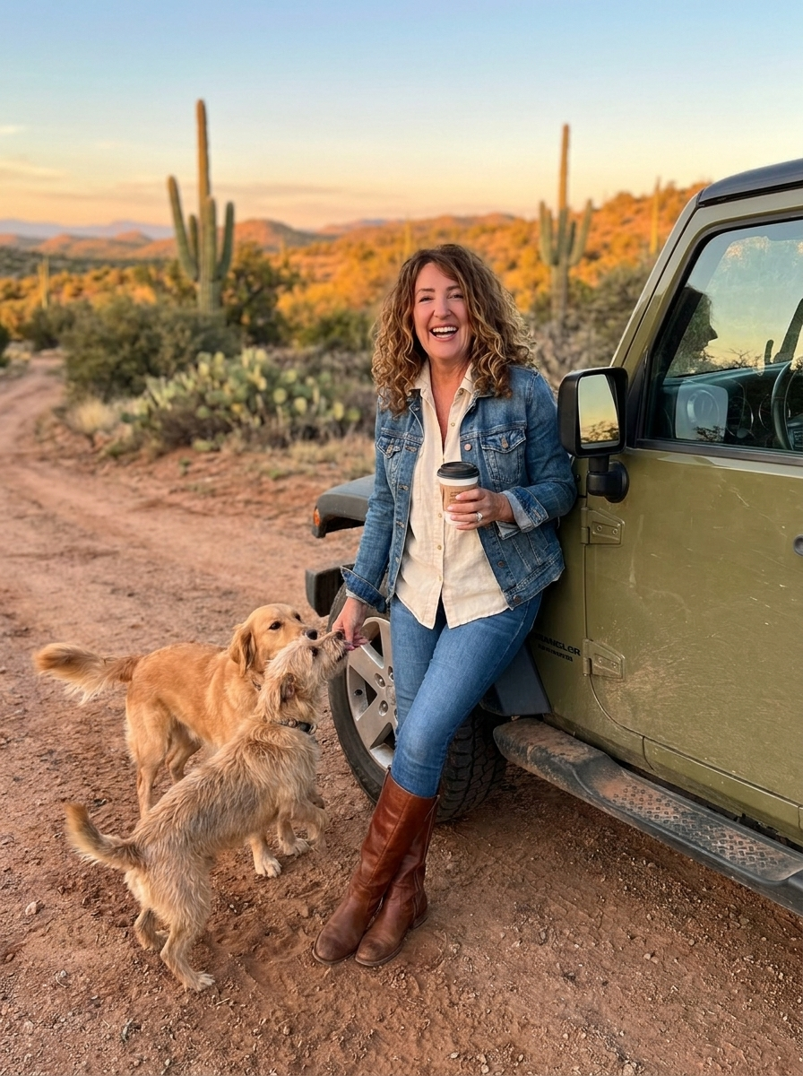 Kari Hughes laughing with her dogs beside her green Jeep in the Arizona desert